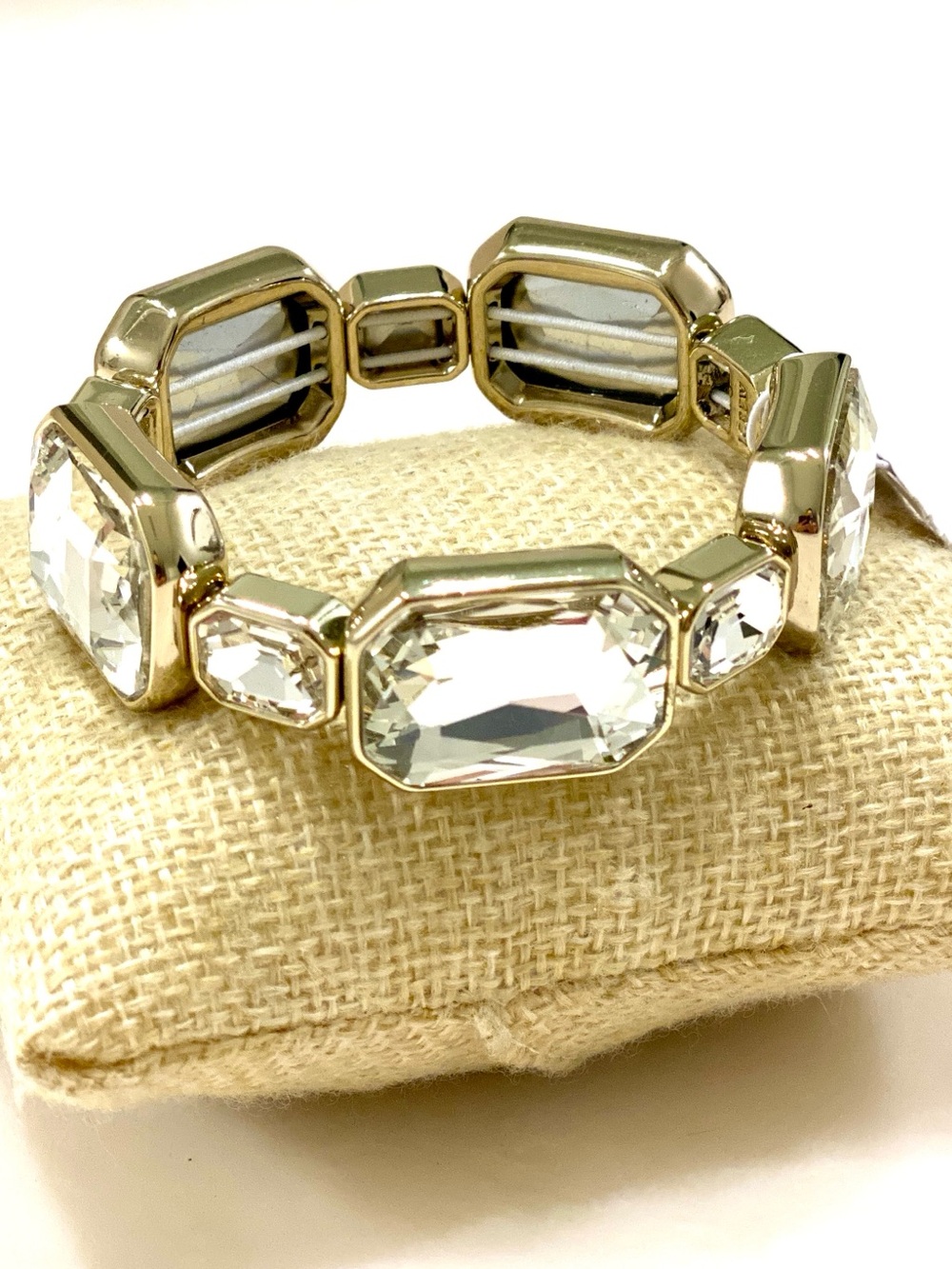 J.Crew Factory Crystal Emerald Cut Stretch Bracelet Gold Tone Chunky Bangle NWT